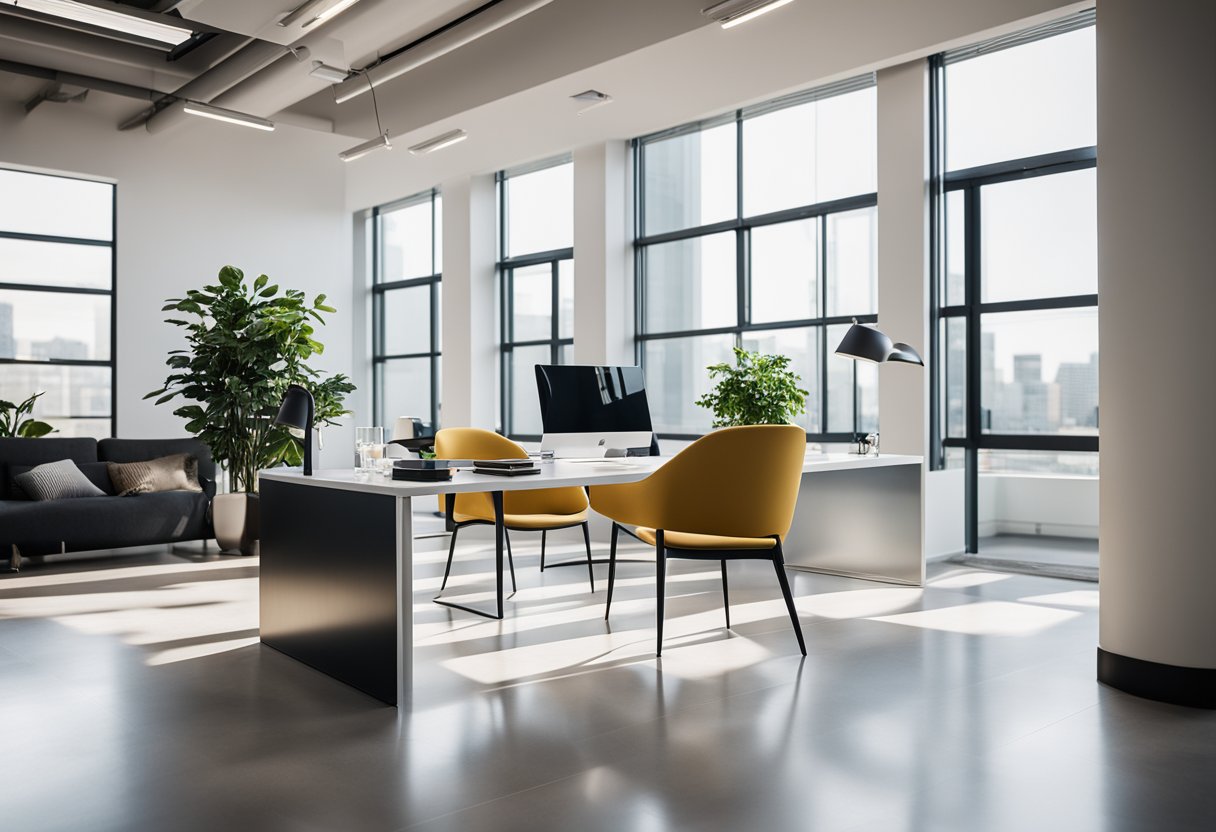 A modern, minimalist office space with sleek furniture, clean lines, and pops of color. Natural light streams in through large windows, illuminating the space