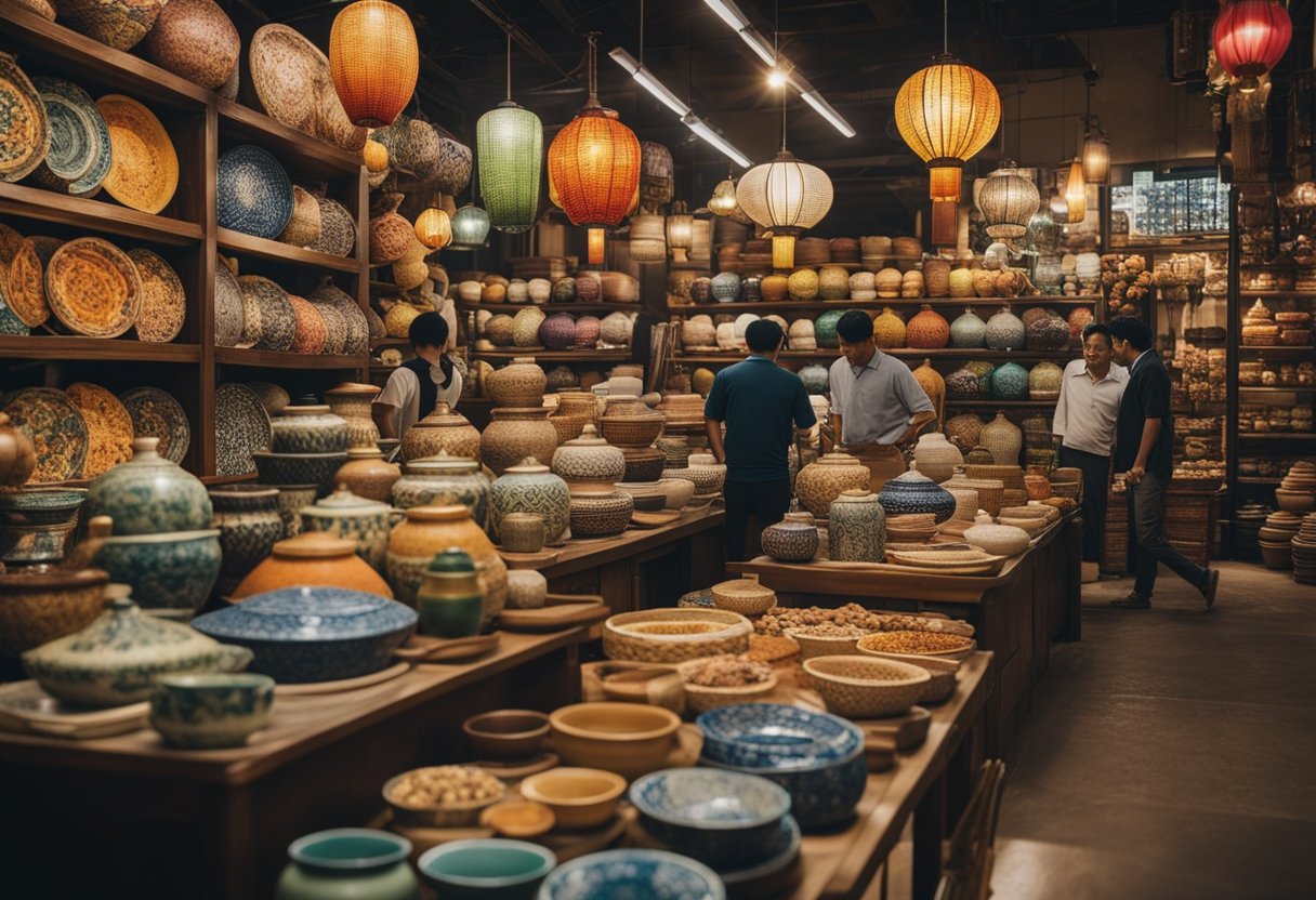 A bustling Asian market with colorful textiles, ornate furniture, and intricate pottery on display. Customers chat with designers