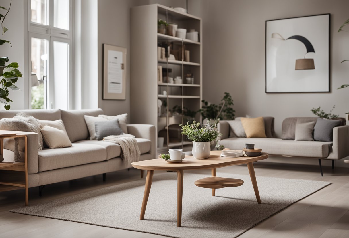 A cozy living room with a neutral color palette, a comfortable sofa, a coffee table, and a bookshelf. A small dining area with a table and chairs. A compact kitchen with modern appliances