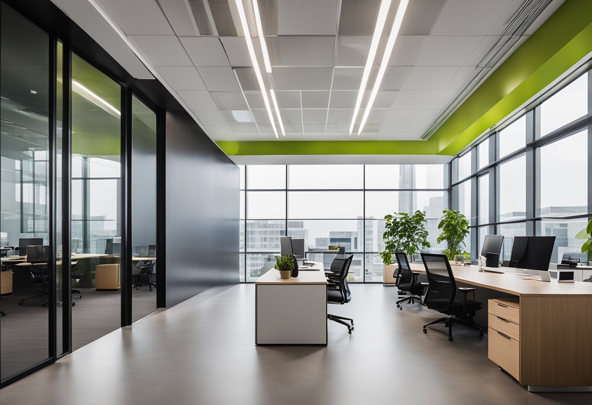 The innovative office interior features sleek, modern furniture, vibrant accent colors, and ample natural light from large windows