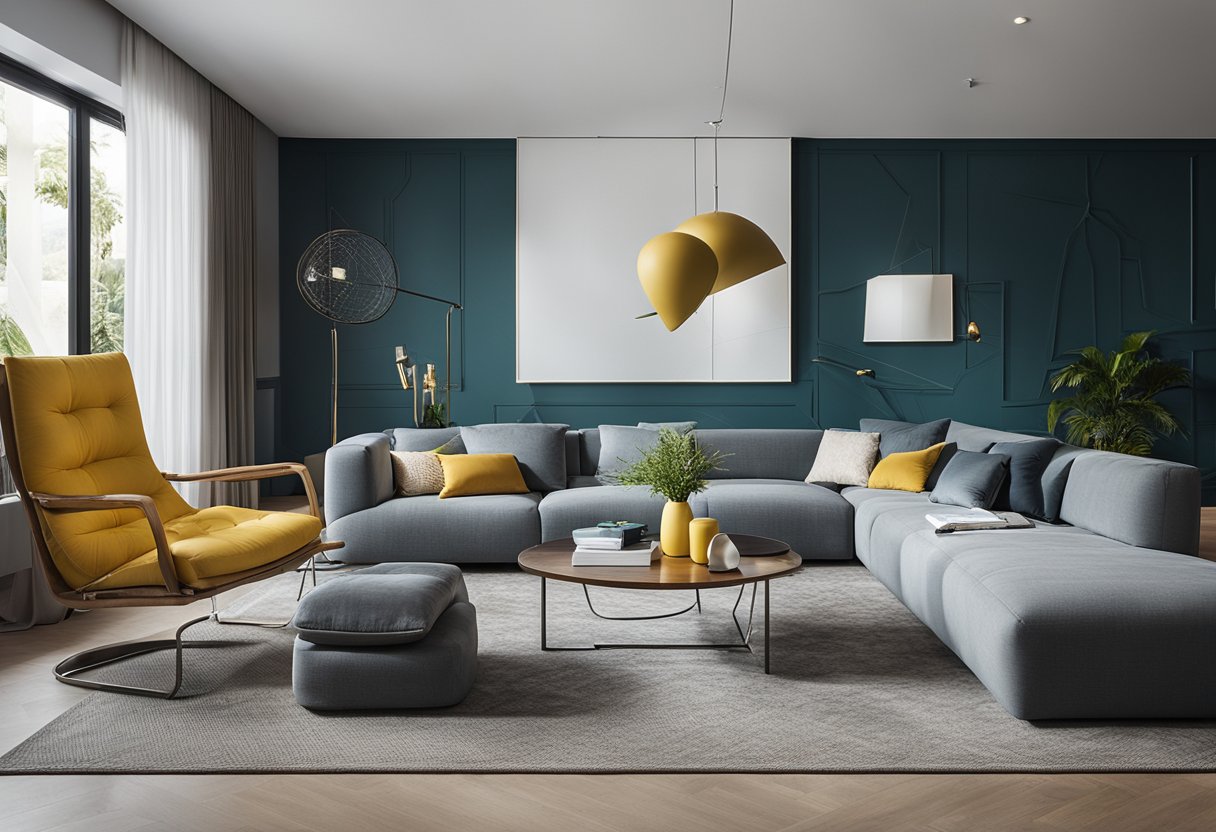 A modern living room with sleek furniture and bold accent colors. A statement wall features a unique art installation, while natural light floods the space