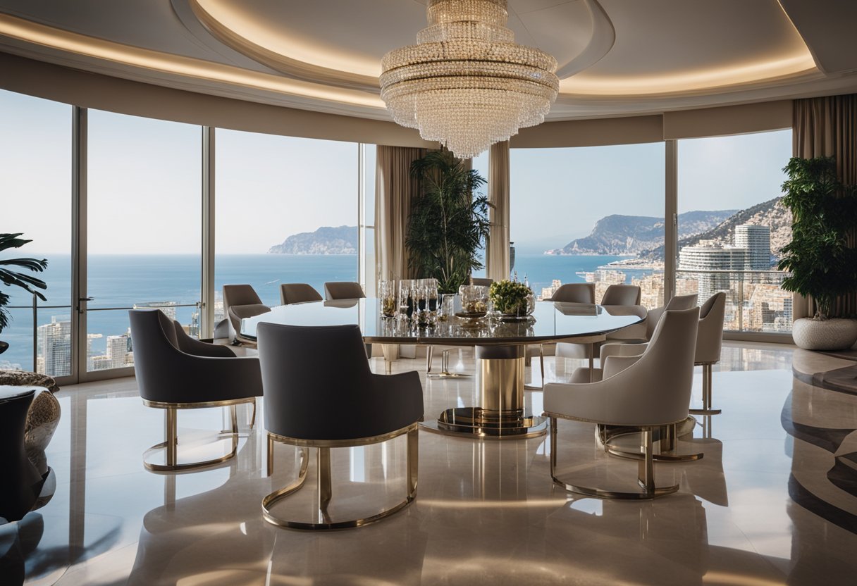 A luxurious Monaco interior with sleek, modern furniture, opulent chandeliers, and floor-to-ceiling windows overlooking the sparkling Mediterranean sea