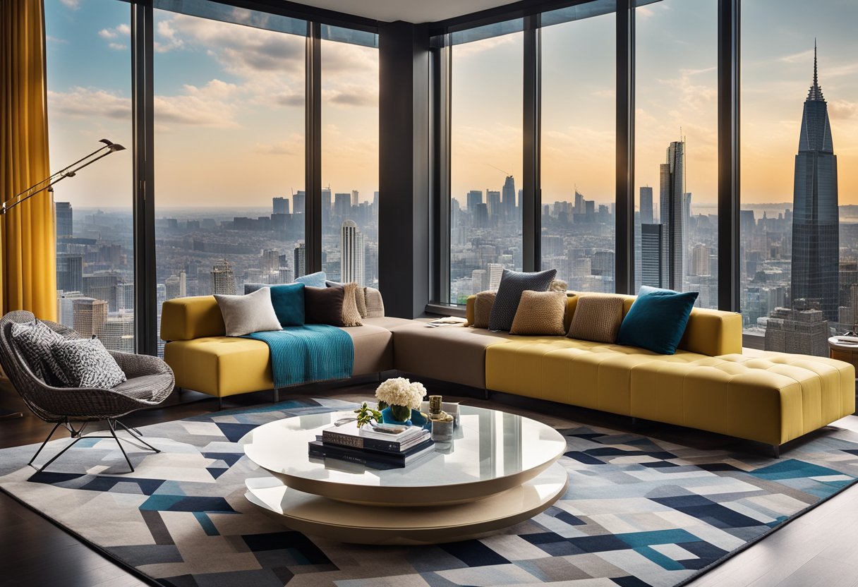 A modern living room with a sleek sofa, coffee table, and floor-to-ceiling windows overlooking a city skyline. The room is accented with bold colors and geometric patterns, creating a stylish and contemporary atmosphere