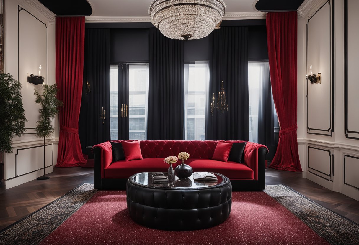 A red room with plush velvet curtains, a sleek black leather sofa, and a shimmering chandelier