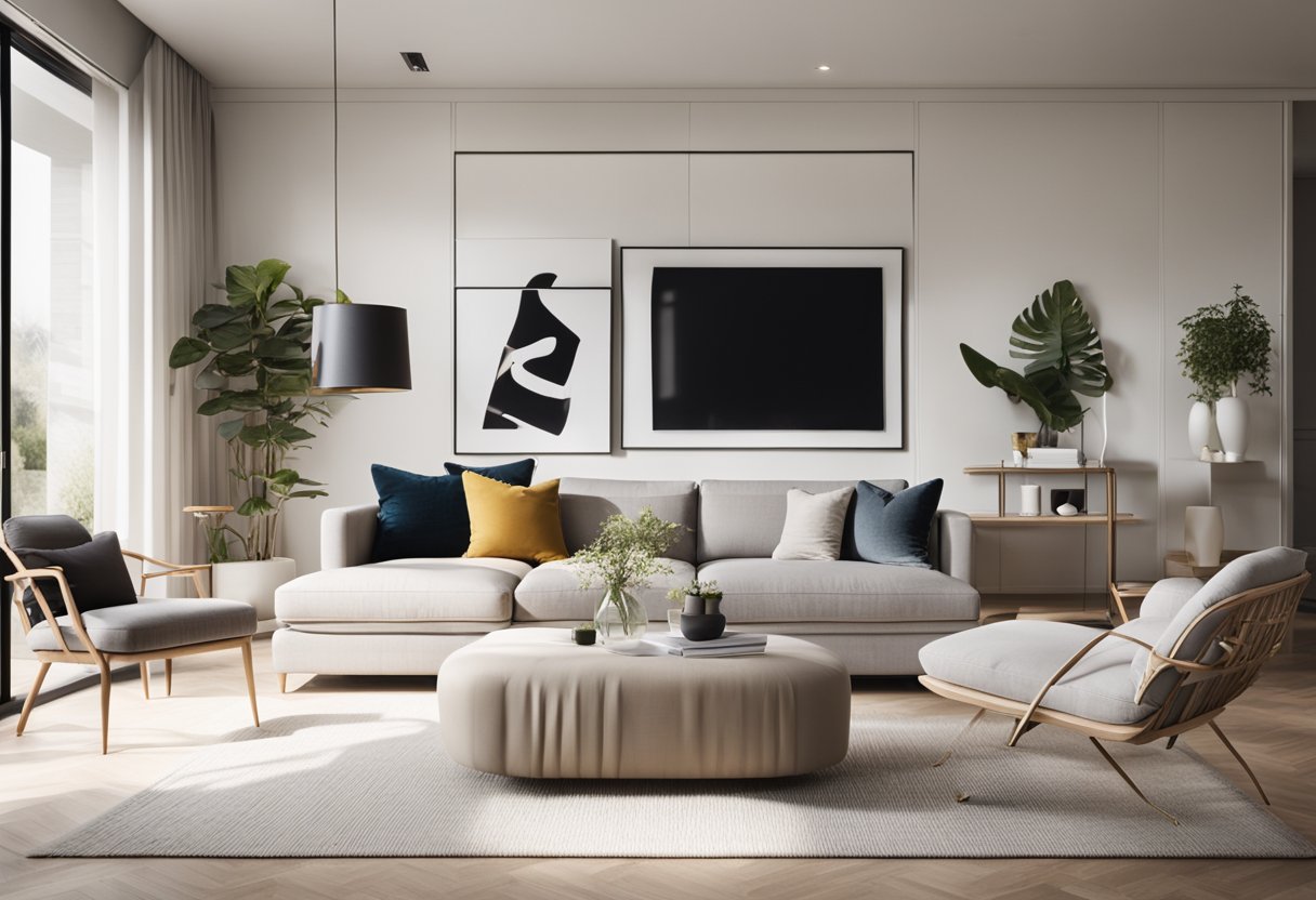 A bright, modern living room with clean lines, neutral colors, and natural light pouring in from large windows. Furniture is sleek and minimalistic, with pops of color in the decor