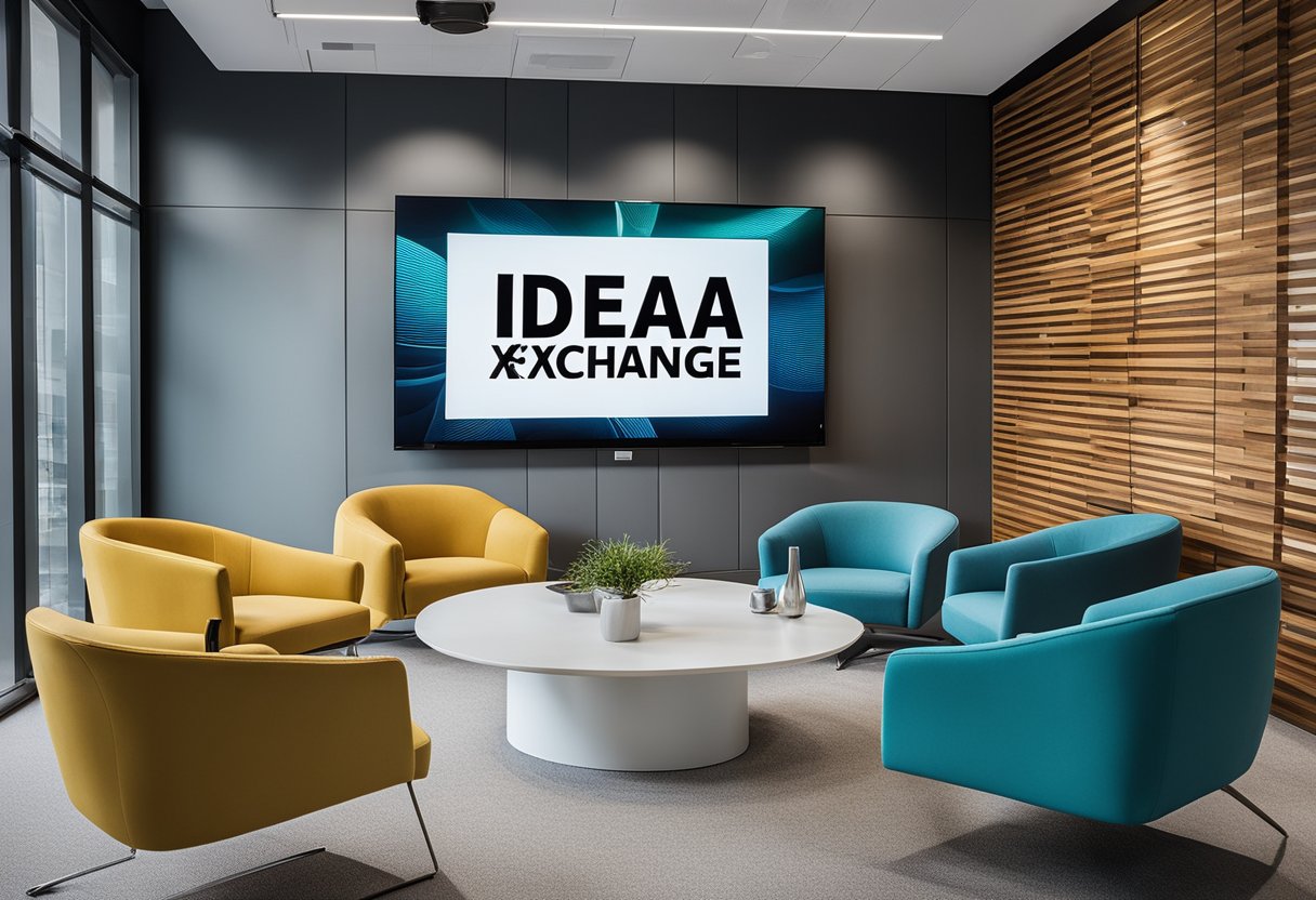 A modern, minimalist office space with sleek furniture and vibrant accent colors. A large, wall-mounted screen displays the words "Frequently Asked Questions ideasxchange interior design."