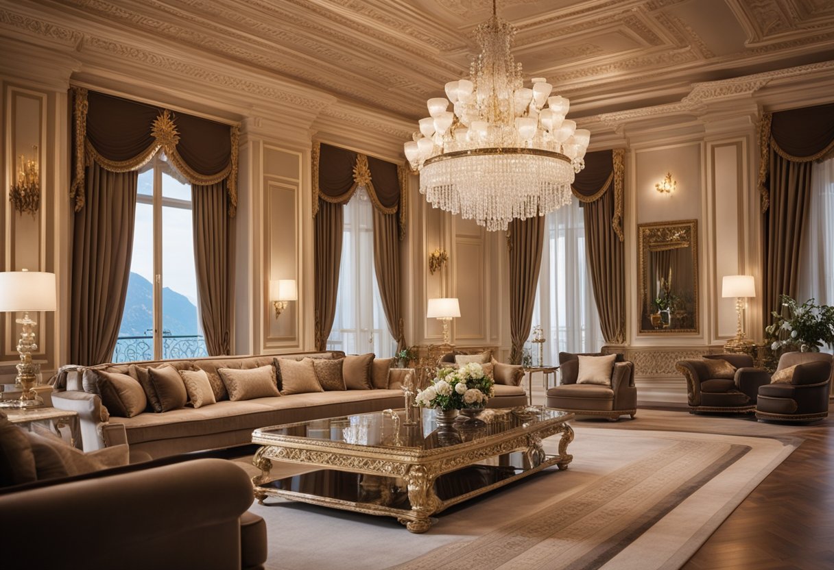 A lavish Monaco living room with opulent furnishings, intricate moldings, and grand chandeliers, exuding luxury and sophistication