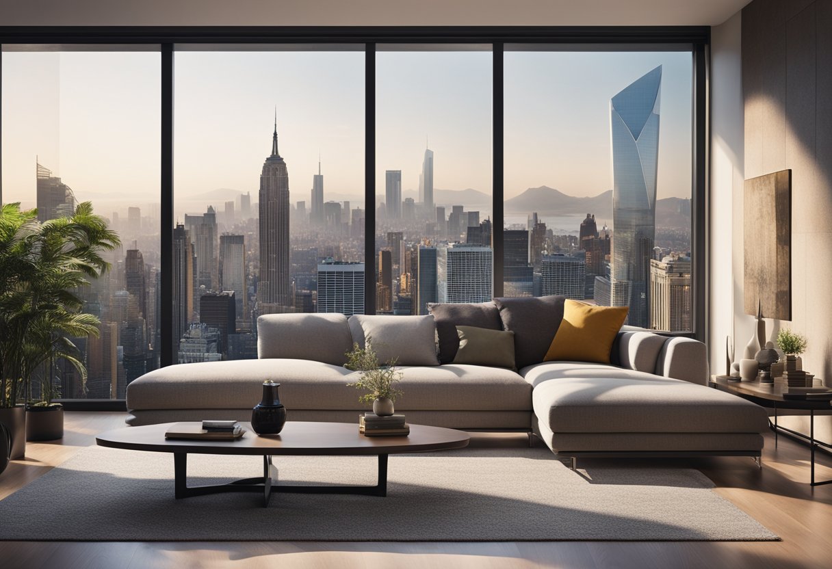 A modern living room with a sleek sofa, abstract art on the walls, and a floor-to-ceiling window overlooking a city skyline