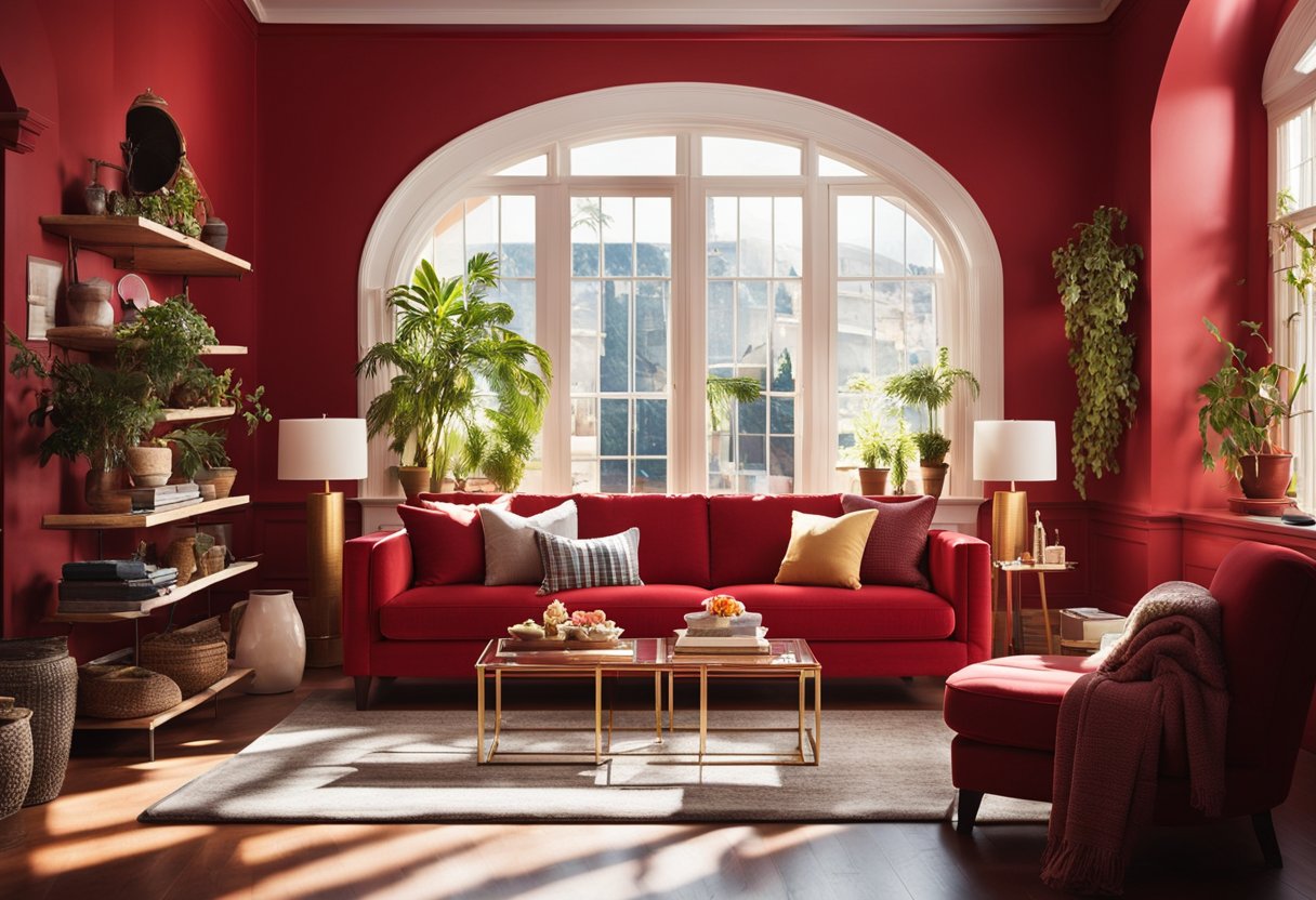 A red sofa sits in the center of the room, surrounded by bold red walls and matching decor. The sunlight streams in through the window, casting a warm glow over the vibrant living space