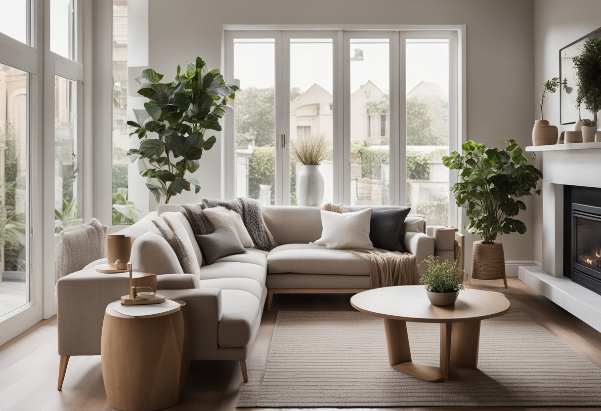A cozy living room with a neutral color palette, minimal furniture, and natural light streaming in through a large window. A small dining area adjacent to the living space with a compact table and chairs