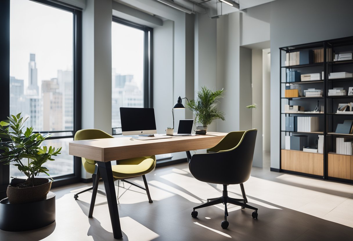 A modern, minimalist office space with sleek furniture and vibrant accent colors. A large desk with a computer and design books. Bright, natural light streaming through large windows