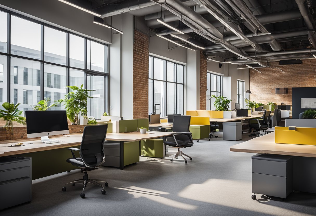 The office space features open, collaborative work areas with natural light, modern furniture, and vibrant color accents, promoting a creative and productive work culture
