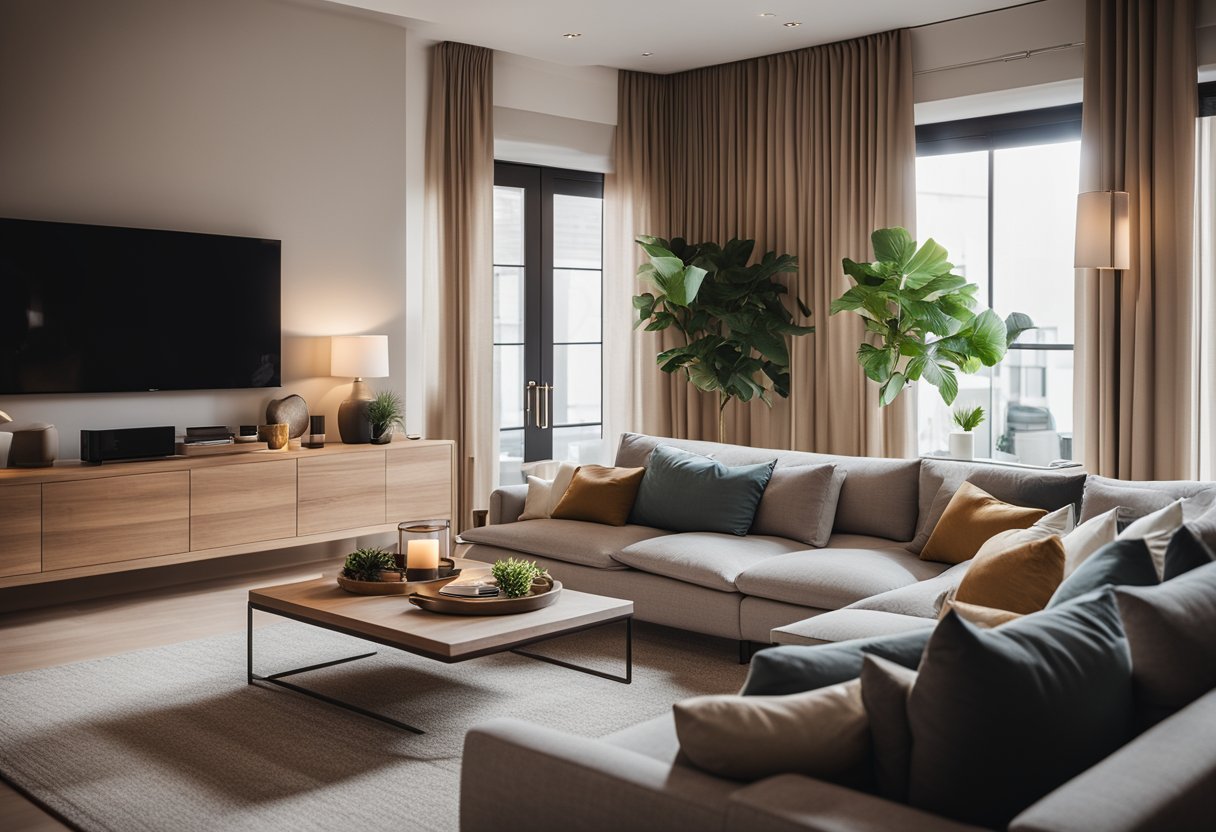 A cozy living room with warm lighting, comfortable seating, and a large TV screen displaying engaging content, surrounded by modern decor and stylish furnishings