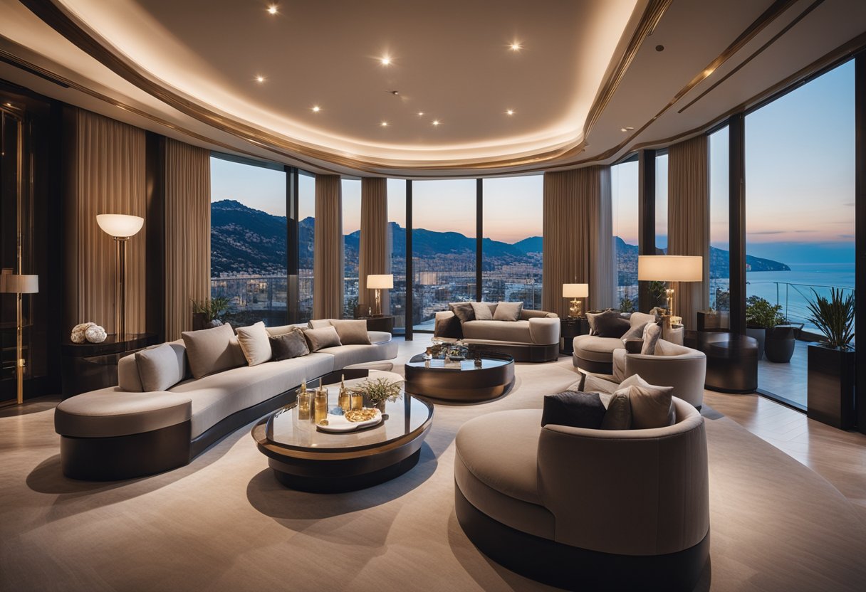 A luxurious Monaco interior with sleek furniture, elegant lighting, and sophisticated color palette