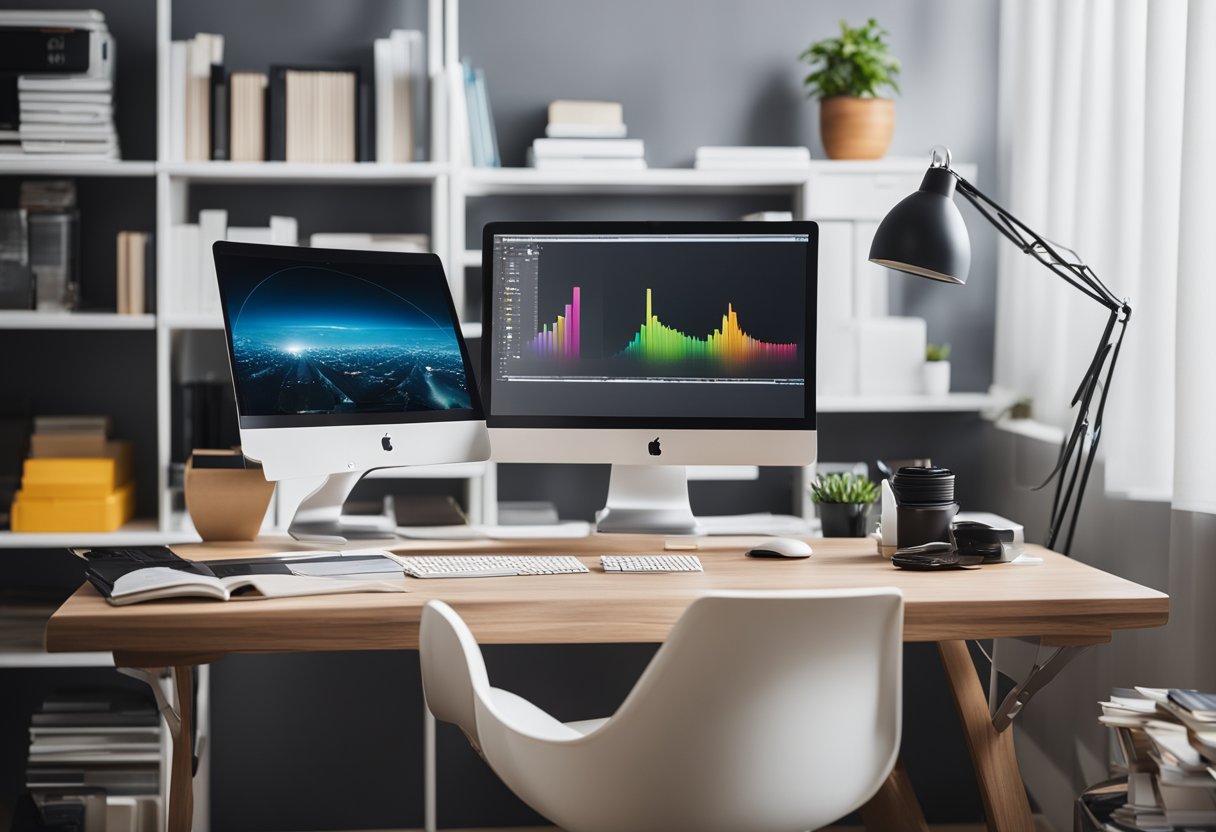 A sleek desk with a computer, design software, and color swatches. A stylish chair and a bookshelf filled with design books and magazines