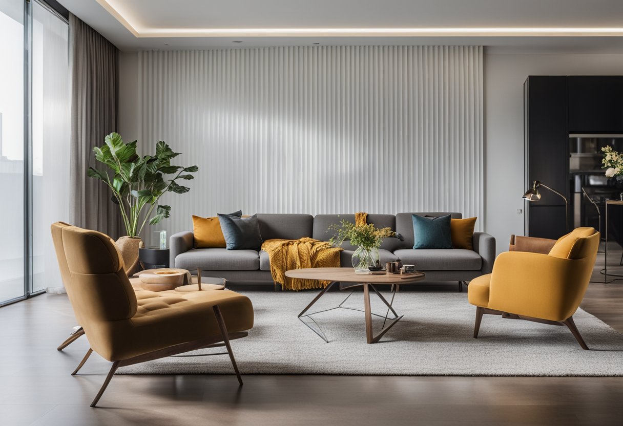 A well-lit room with stylish furniture, clean lines, and pops of color. A camera on a tripod captures the space from a flattering angle, showcasing the art of interior design photography