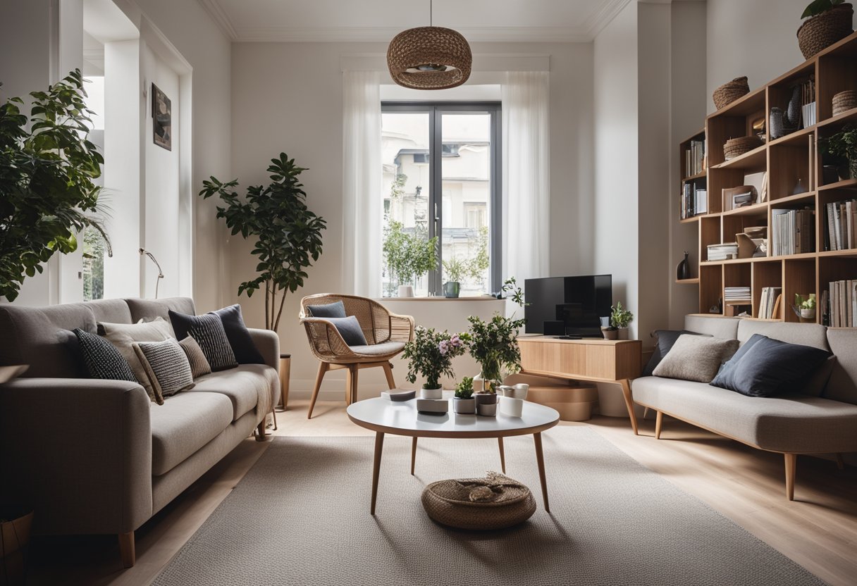 A cozy living room with a small sofa, coffee table, and bookshelf. A compact dining area with a table and chairs. Minimalist decor and natural light