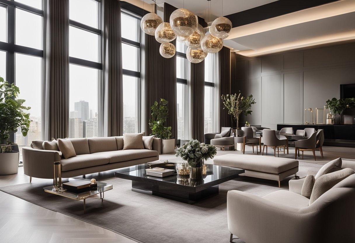 A luxurious and modern interior with sleek furniture, elegant lighting, and stylish decor. The space exudes sophistication and comfort, with a color palette of neutral tones and pops of metallic accents