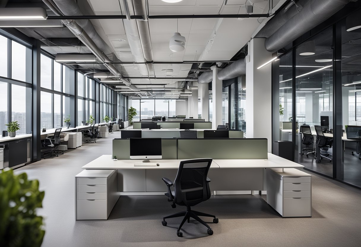 The office interior is modern with sleek furniture, large windows, and a minimalist color palette. The space is organized and functional, with open workstations and designated meeting areas
