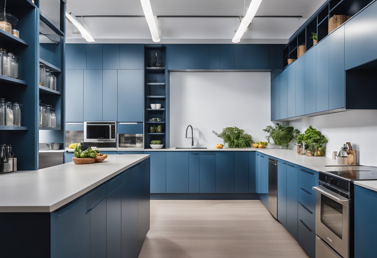 The office pantry is spacious with modern cabinets, a large refrigerator, and a sleek countertop. The walls are painted in a calming shade of blue, and the room is filled with natural light from the windows
