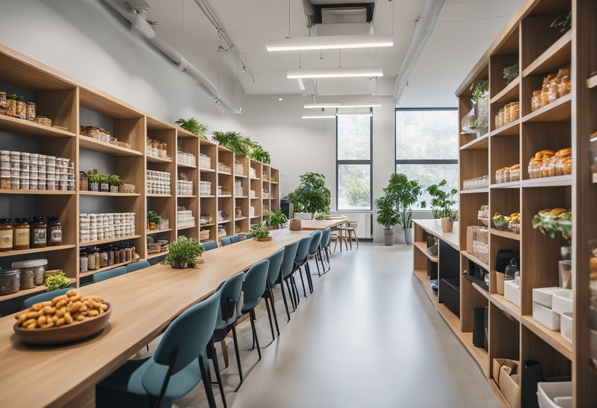 The office pantry is bright and spacious, with modern appliances and plenty of storage. A large communal table sits in the center, surrounded by comfortable chairs. The shelves are stocked with a variety of snacks and beverages, and there are plants scattered throughout the space