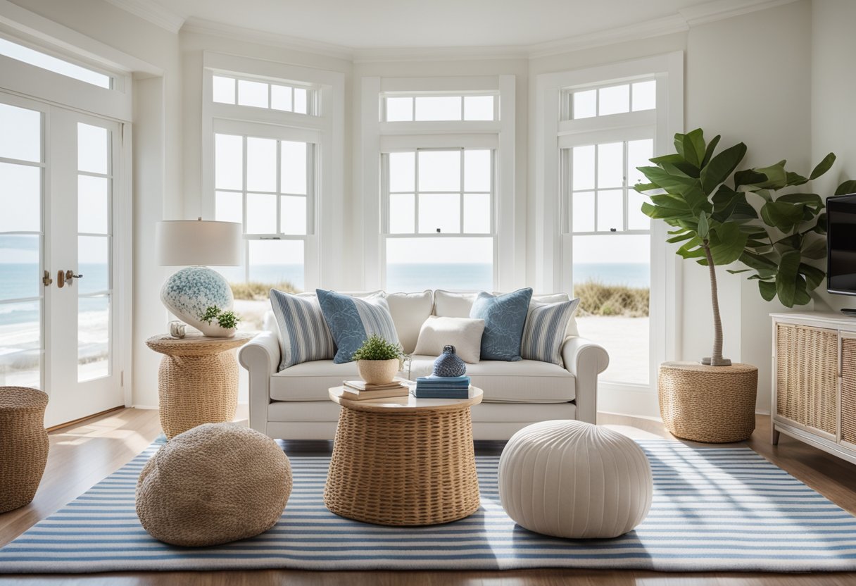 A bright, airy living room with large windows, light-colored furniture, and nautical decor accents. A striped rug and seashell collection add to the coastal vibe