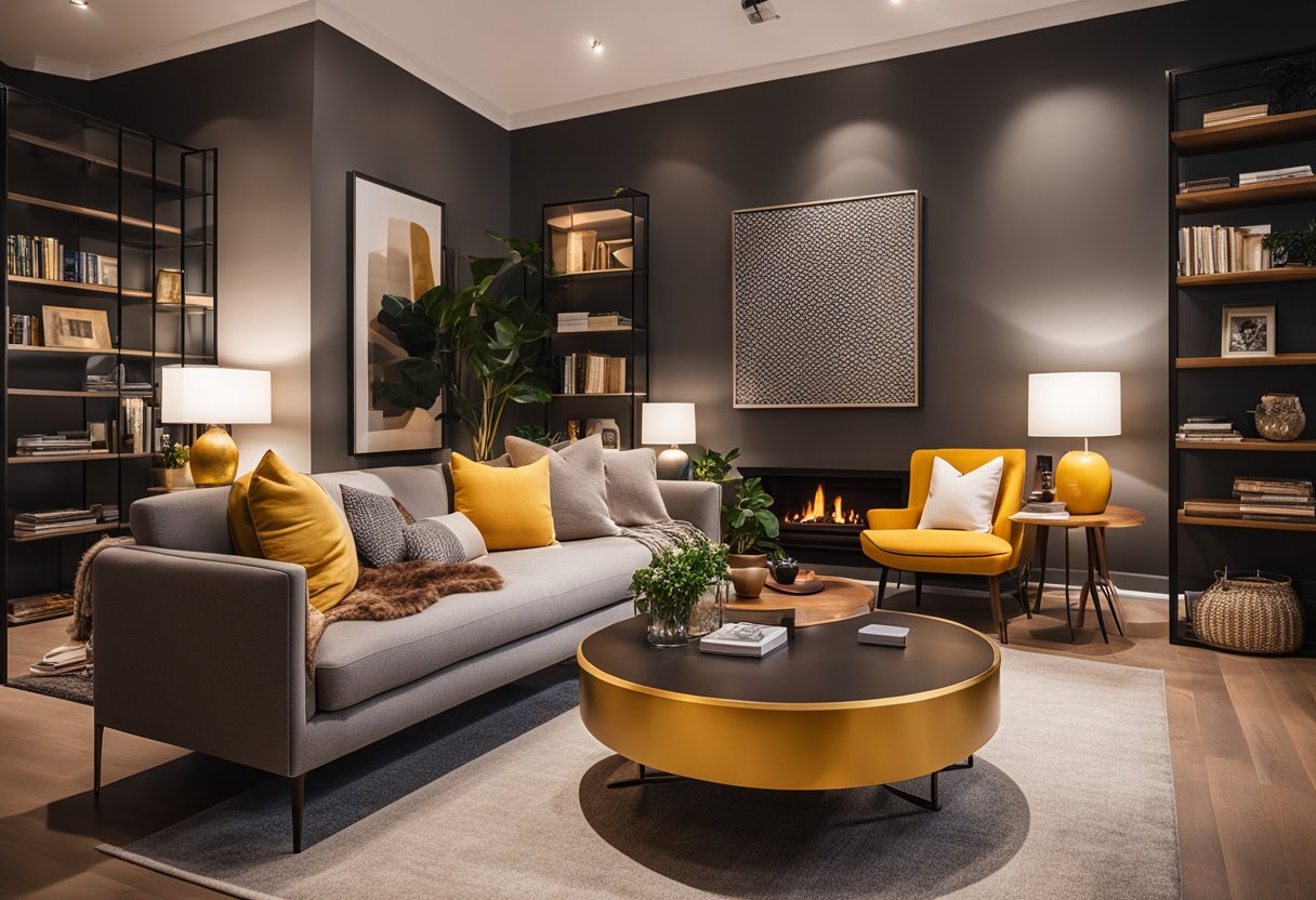 A cozy living room with modern furniture, warm lighting, and a vibrant color scheme. A bookshelf filled with design books and a sleek coffee table complete the inviting space