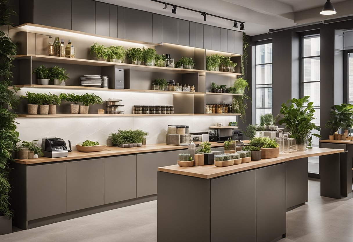 The modern office pantry features sleek countertops, organized storage shelves, and a coffee station. The color scheme is neutral with pops of greenery and a well-lit ambiance