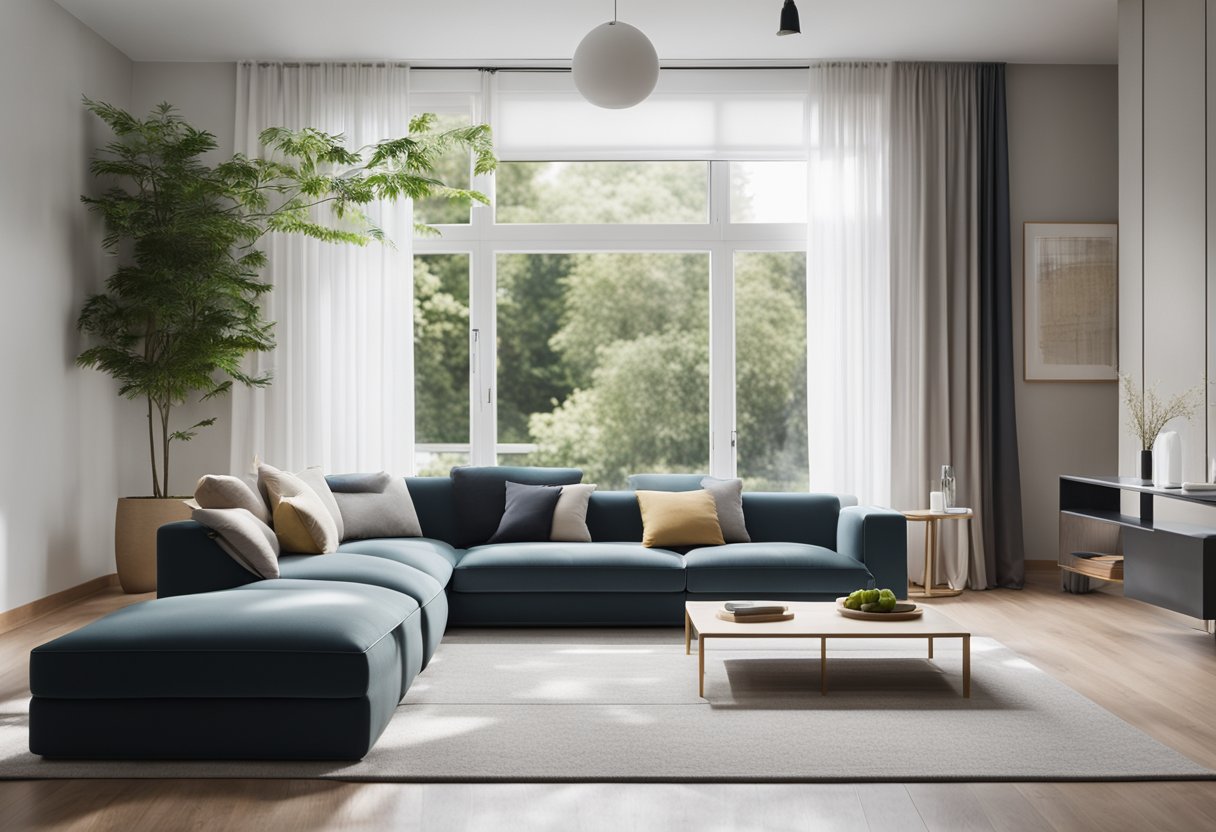 A modern living room with sleek plastic furniture, minimalist decor, and clean lines. A large window allows natural light to illuminate the space