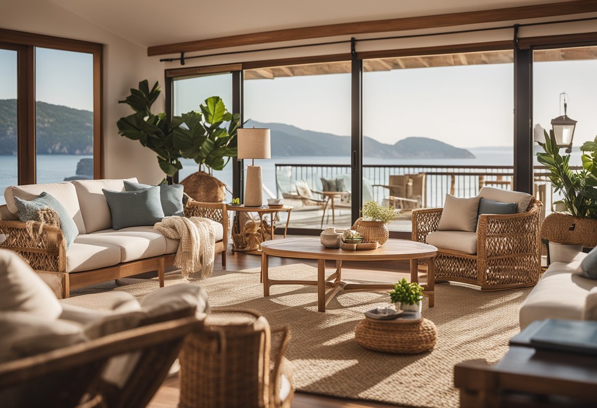 A cozy living room with nautical decor, light-colored furniture, and natural materials like wood and rattan, overlooking a serene coastal landscape