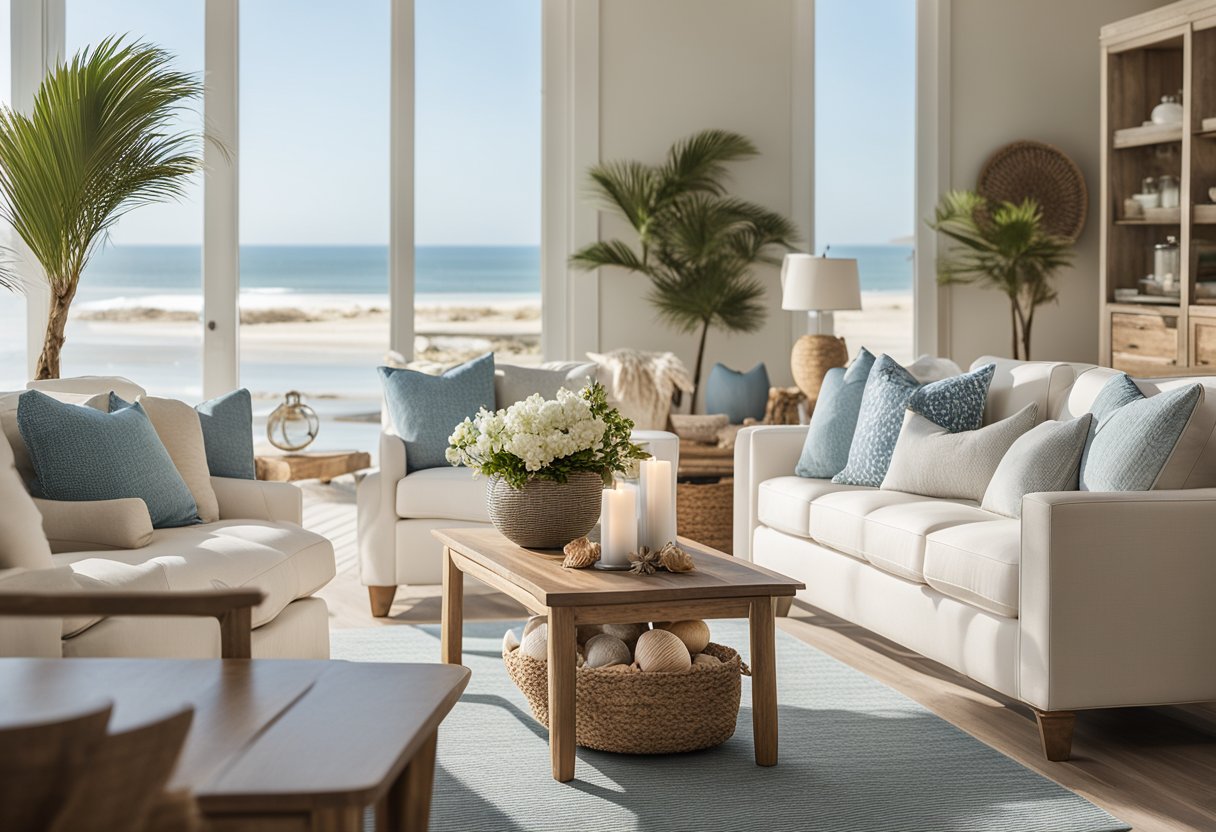 A beachfront living room with light, airy colors, natural materials, and nautical accents. Large windows offer a view of the ocean, while driftwood and seashells decorate the space