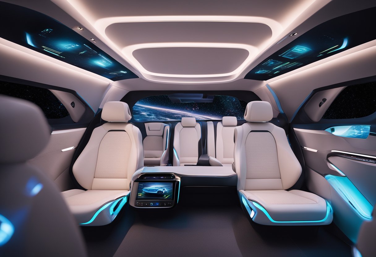 The futuristic car interior features sleek, minimalist design with holographic displays, touch-sensitive controls, and ambient LED lighting