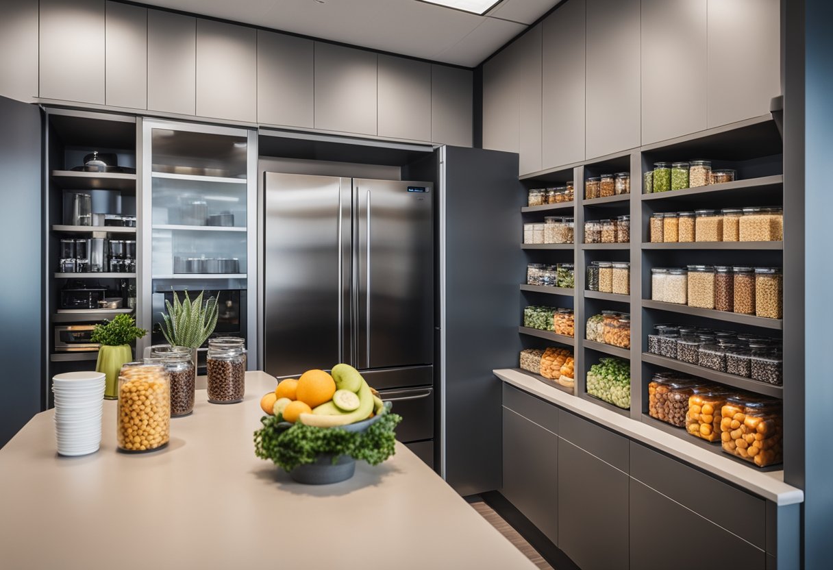 A modern, organized office pantry with sleek countertops, built-in storage, and a variety of snacks and beverages neatly displayed