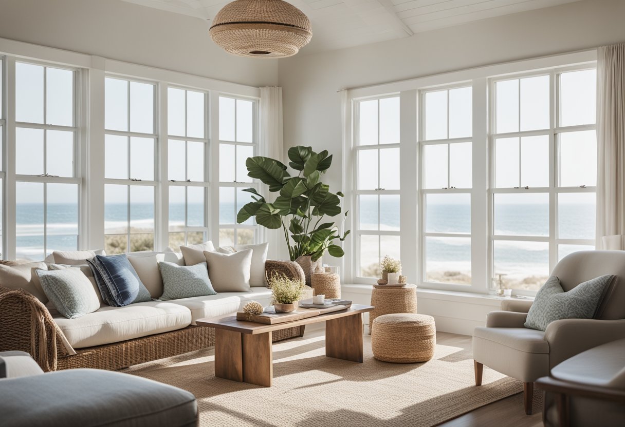 A cozy coastal interior with light, airy colors, natural textures, and nautical accents. Large windows let in plenty of natural light, and the space is filled with comfortable, relaxed furniture