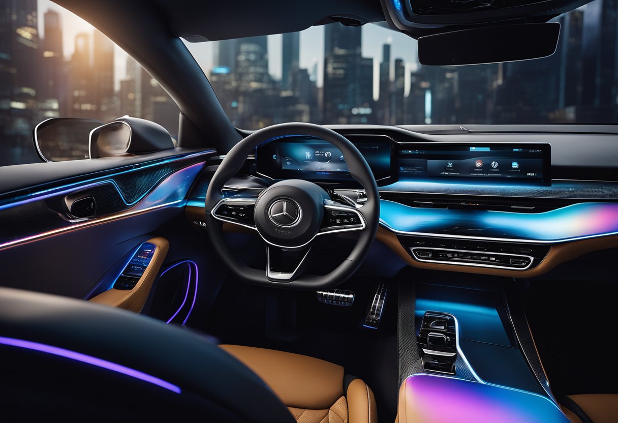 The sleek, minimalist car interior features a holographic display, touch-sensitive surfaces, and ambient lighting, creating a futuristic and immersive driving experience