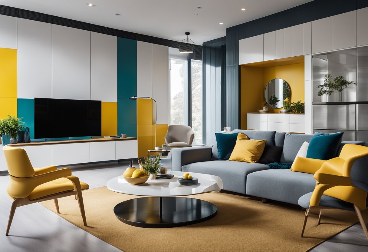 A modern living room with plastic furniture, sleek lines, and bold colors. The space is filled with light and features innovative plastic wall panels and decor