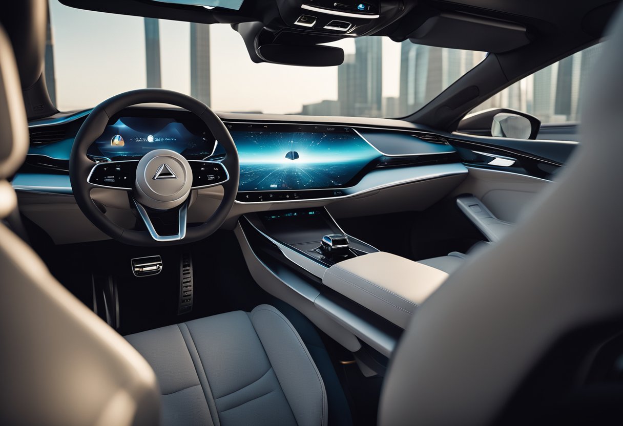 A sleek, minimalist car interior with holographic displays, touch-sensitive controls, and integrated AI assistant