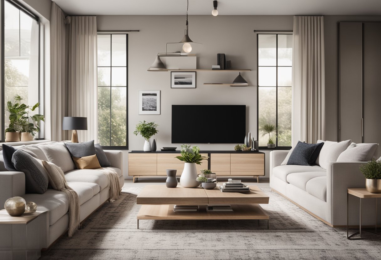 A modern living room with sleek furniture, neutral color palette, and pops of vibrant accents. Clean lines and natural light create a stylish, inviting space