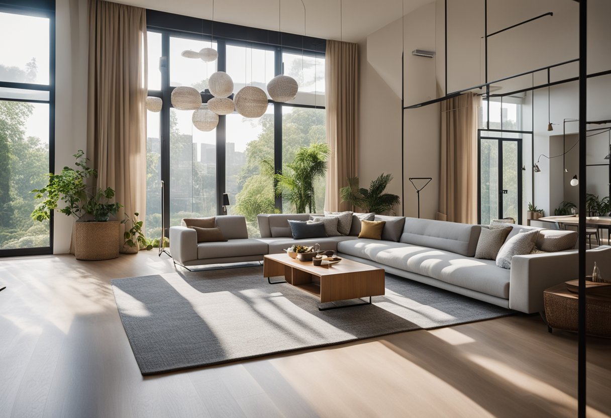 A modern living room with sustainable plastic furniture, recycled fabric curtains, and eco-friendly flooring. Natural light streams in through large windows, highlighting the environmentally conscious interior design