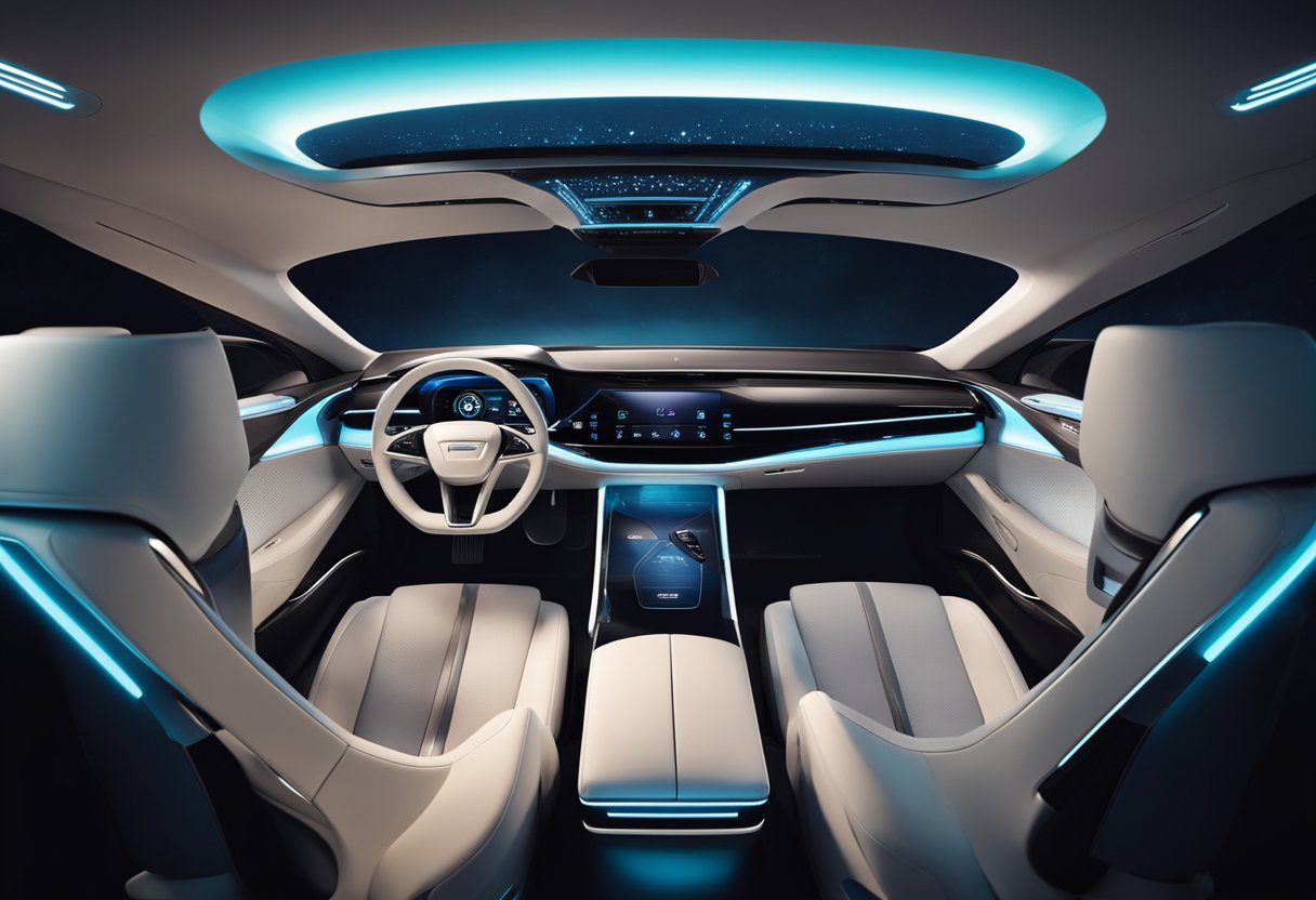 The futuristic car interior features sleek, touch-screen control panels, holographic displays, and ergonomic seating. The ambient lighting creates a modern and luxurious atmosphere