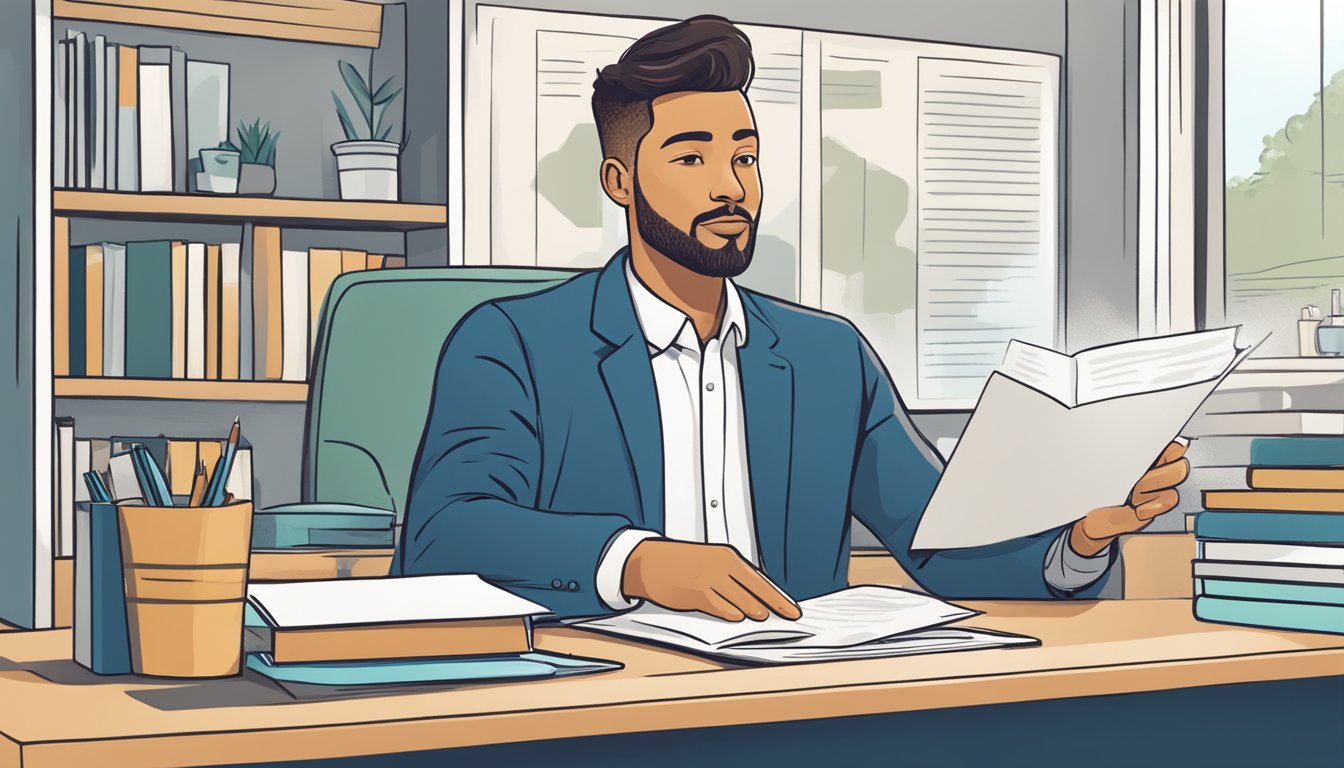 A person sitting at a desk, reading a document titled "Frequently Asked Questions: Would a Personal Loan Help My Credit?" with a thoughtful expression on their face