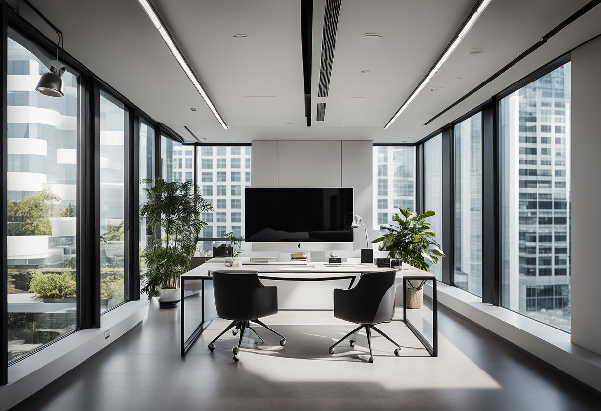 A sleek, modern office space with clean lines, luxurious furniture, and pops of color. A large window allows natural light to fill the room, highlighting the expertly curated decor