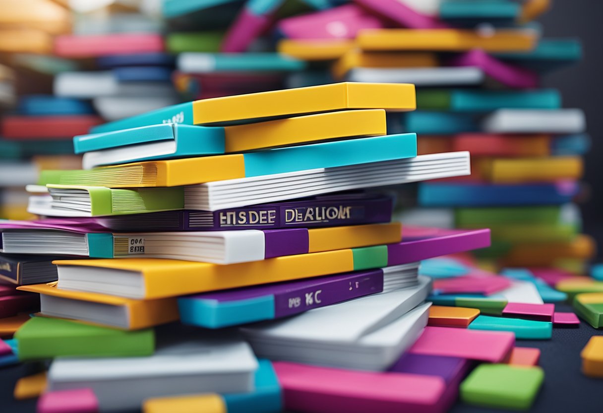 A stack of colorful plastic FAQs arranged on a sleek, modern interior design table