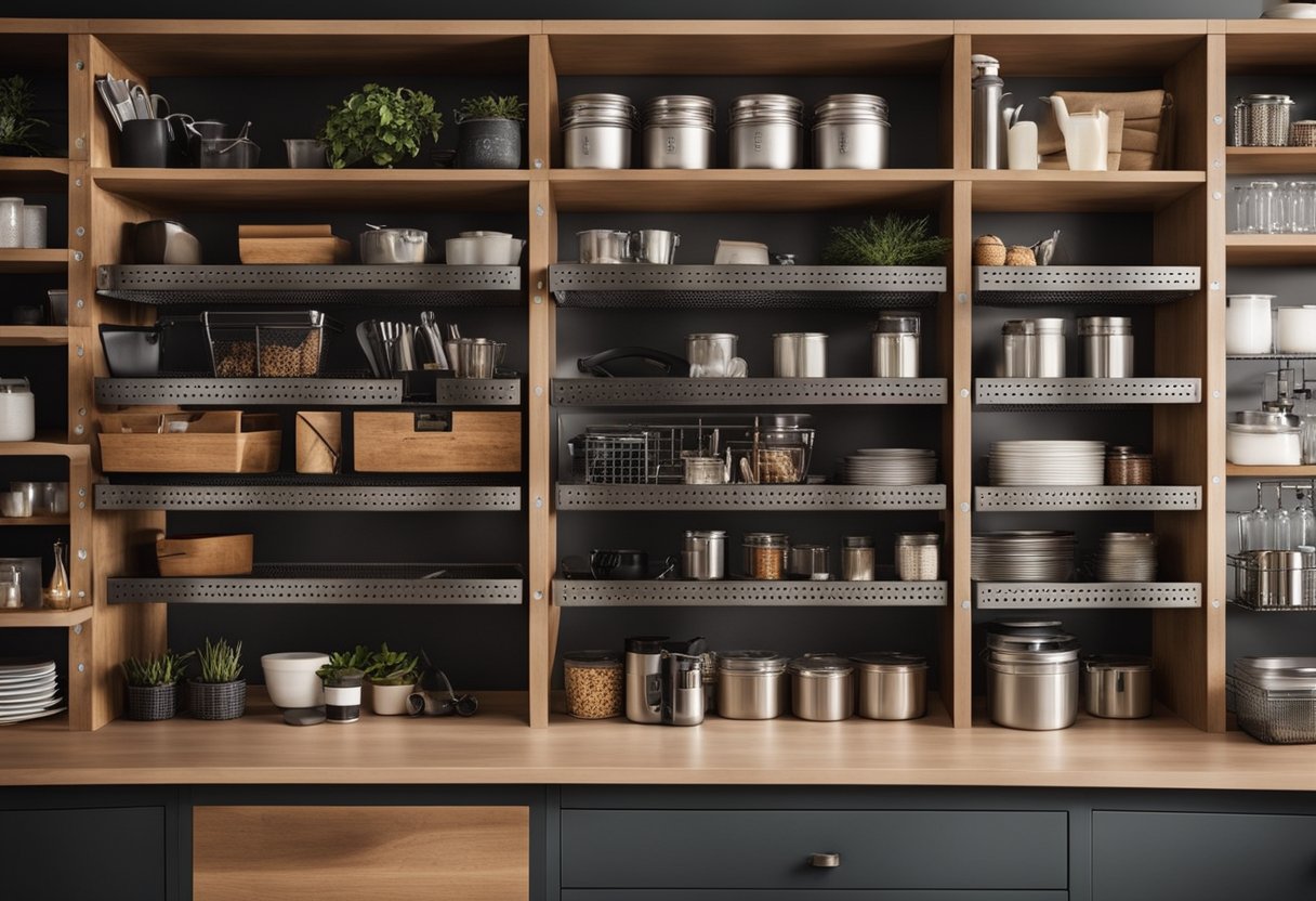 A bookshelf neatly organized with baskets, labeled boxes, and decorative bins. A wall-mounted pegboard holds various tools and accessories. A pull-out pantry maximizes kitchen storage