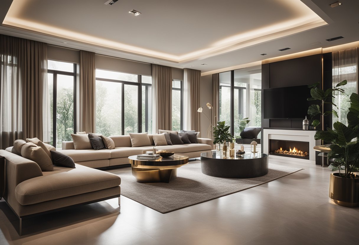 A luxurious living room with modern furniture and elegant decor, bathed in warm natural light from large windows