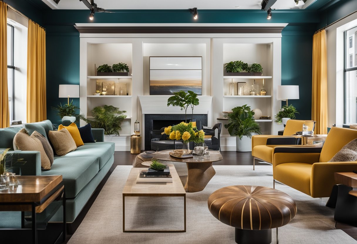 The interior design office of Charles and Co is filled with elegant furniture and vibrant color palettes, creating a welcoming and professional atmosphere