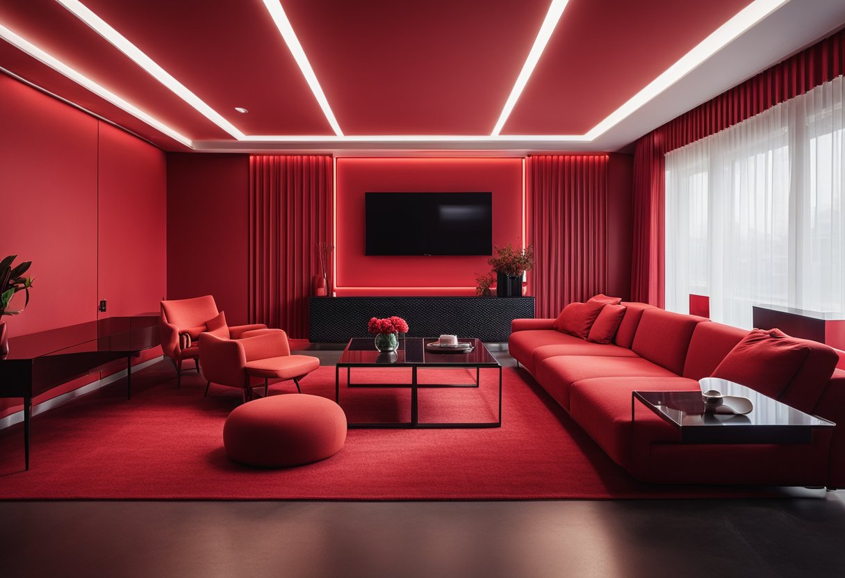A modern red room with sleek furniture, bold patterns, and accent lighting. Clean lines and a minimalist aesthetic create a striking, vibrant interior