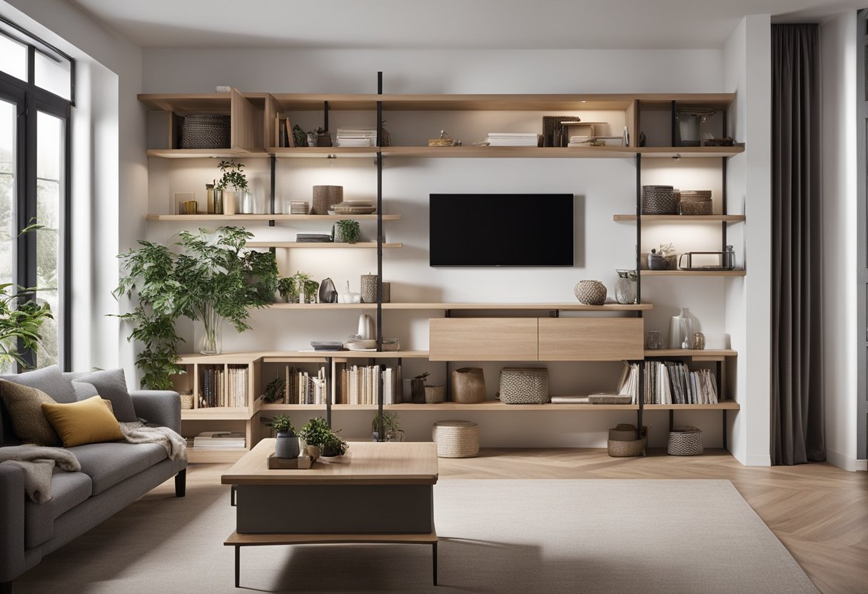 The living room features a wall-mounted shelving unit with adjustable shelves, maximizing storage space. A built-in bench with hidden compartments provides additional storage in the dining area