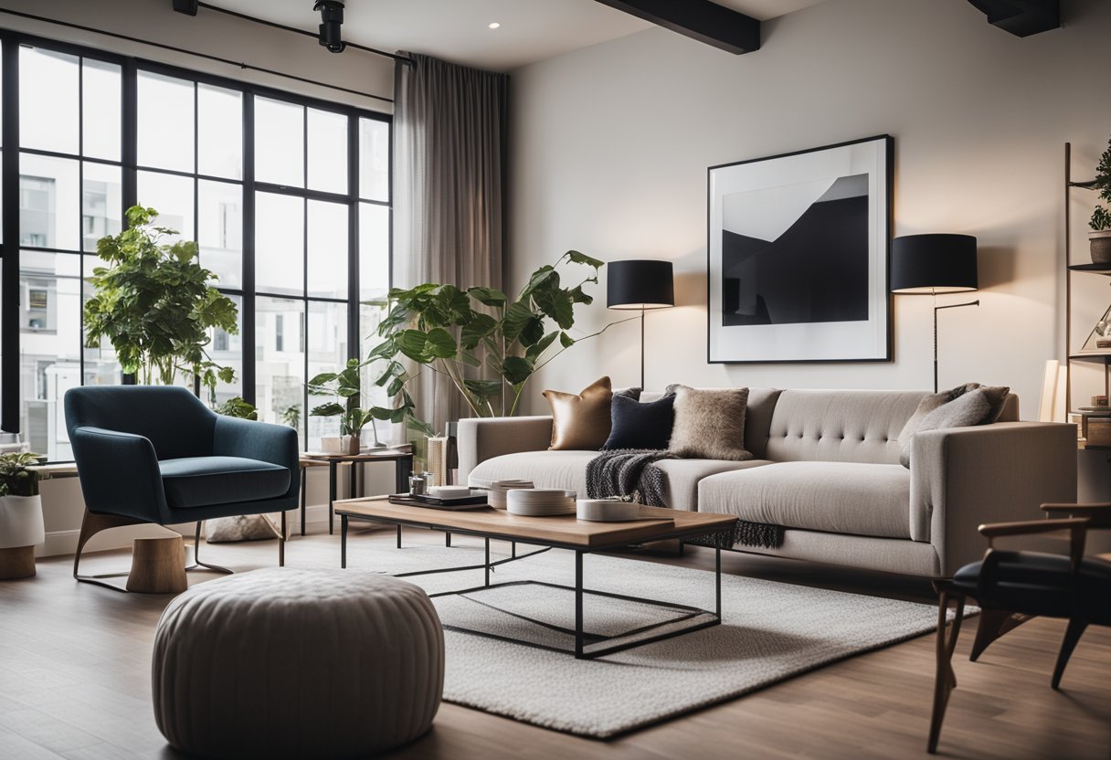 A sleek, modern living room with a cozy atmosphere and stylish decor, showcasing the tagline "Engaging Potential Clients" in elegant typography