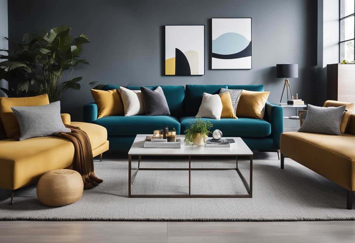 A sleek, modern living room with clean lines and pops of color. A large, comfortable sofa sits in the center, surrounded by stylish decor and artwork